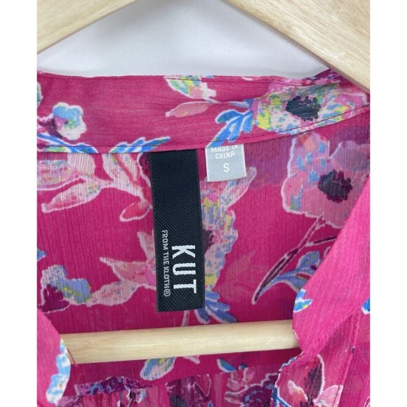 KUT from the Kloth Roll Tab Sheer Magenta Jasmine Blouse Sz Sm, Preppy‎ Office - Picture 6 of 11